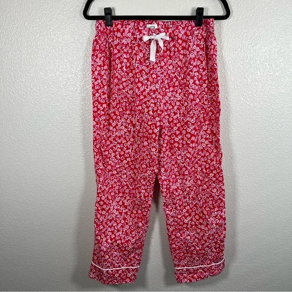J. Crew Red 100% Cotton Lounge Pants with Pink Heart Pattern Women’s Small - Picture 2 of 8